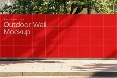 Outdoor wall mockup featuring a red tile pattern, perfect for design presentations in urban settings. Ideal asset for designers seeking realistic visuals.