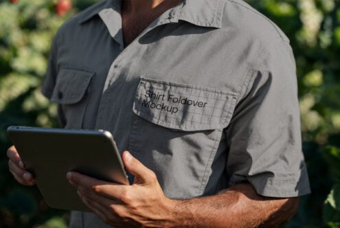 Shirt foldover mockup featuring a man holding a tablet in a garden setting. Ideal for designers seeking realistic clothing mockups.