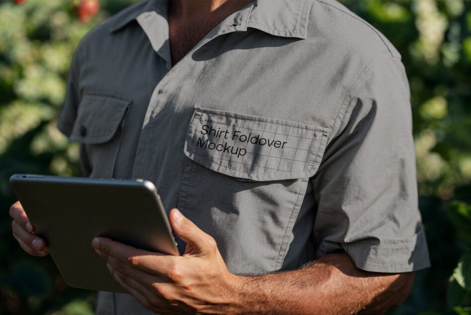 Man wearing gray shirt holding tablet outdoors