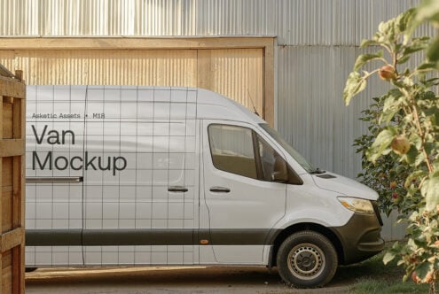 Van mockup image for designers showcasing a white delivery van template with customizable space. Ideal for branding presentations SEO keywords: Mockups Templates