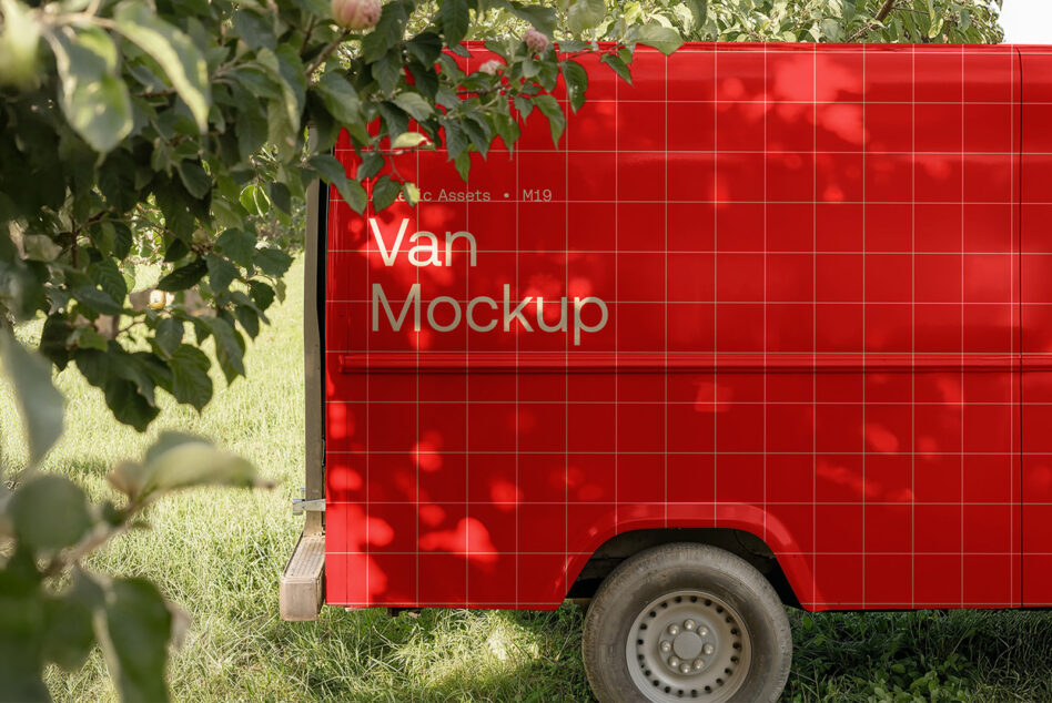 Red van mockup template displayed outdoors with tree branches. Ideal for branding and advertising projects. High-quality graphic asset for designers.