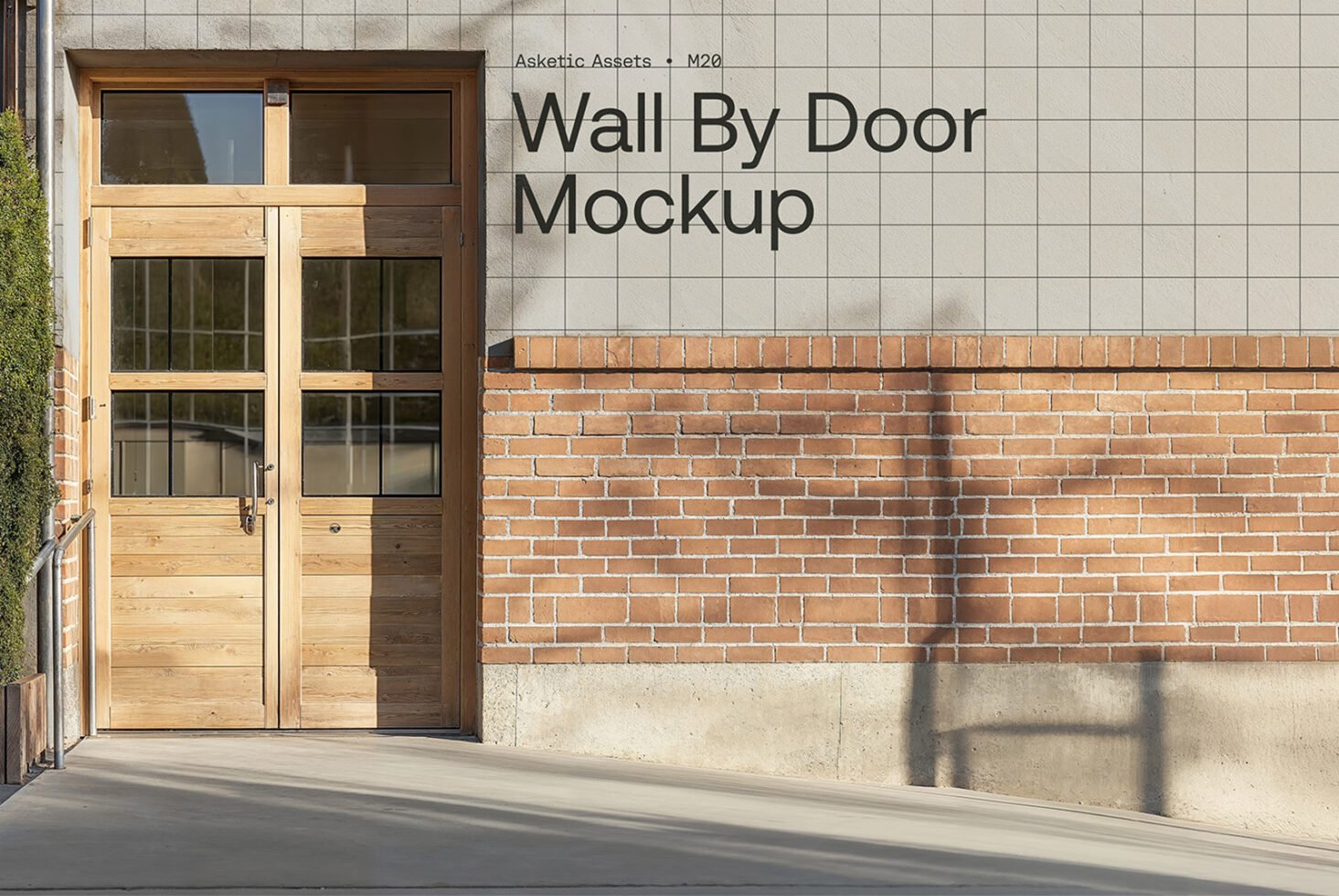 Wall by door mockup featuring a wooden door and brick wall background. Ideal for showcasing design layouts. Perfect for graphic design templates.