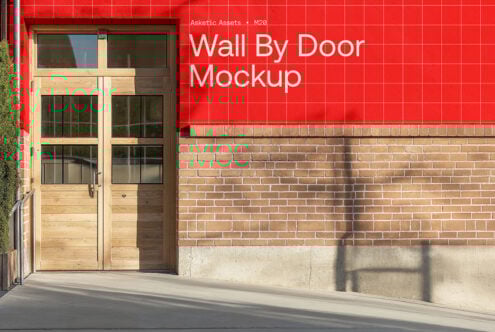 Outdoor wall by wooden door with mockup text, red background, brick texture. Design resource for branding, advertising, presentation, Photoshop, designers.