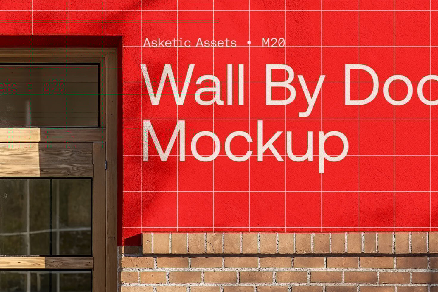 Red wall mockup by door featuring grid design suitable for showcasing advertising graphics or branding. Ideal for designers in need of realistic templates.