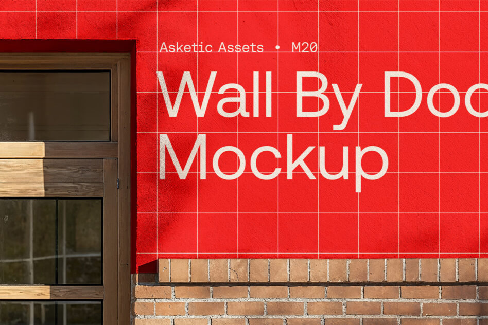 Wooden door with glass panes against bright red tile wall with white text overlay