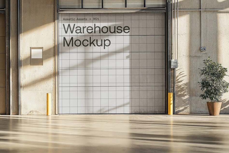 Industrial garage door mockup with grid overlay, potted plant, concrete walls, sunlight