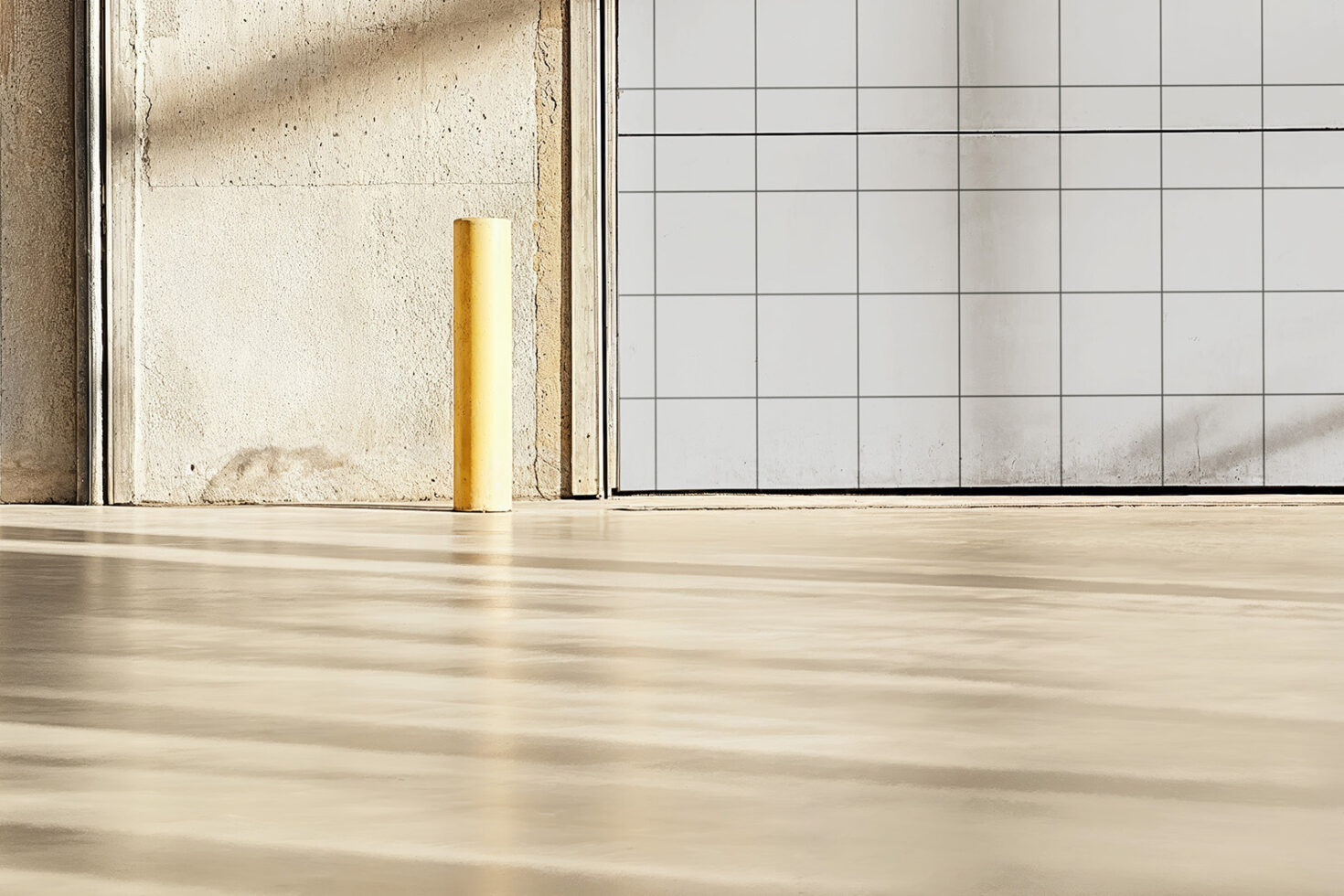 Industrial warehouse door with concrete wall and polished floor smooth minimalist mockup perfect for architectural design projects and industrial templates