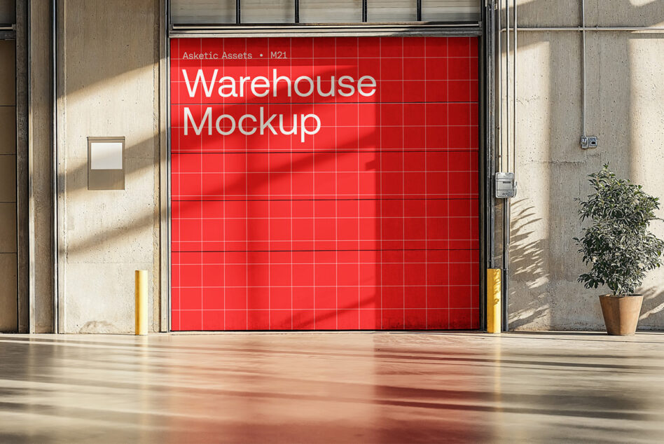 Red garage door mockup on weathered building facade with yellow bollards, plant pot