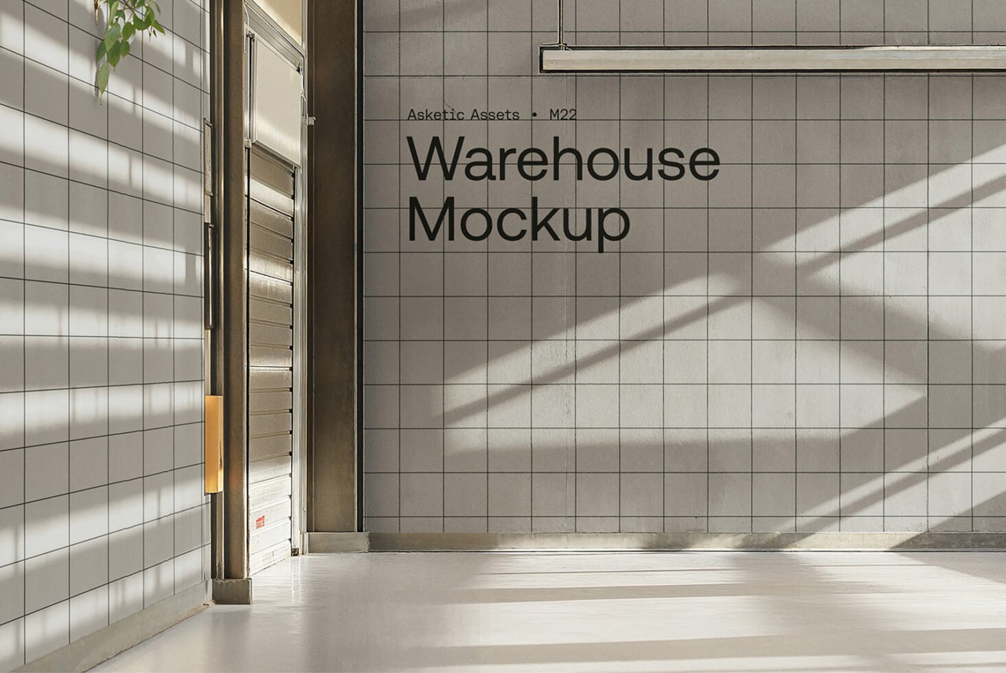 Warehouse interior mockup with tiled walls and large window, showcasing industrial design. Ideal for graphic designers and template creators.