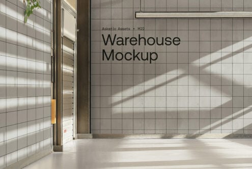 Warehouse interior mockup with tiled walls and large window, showcasing industrial design. Ideal for graphic designers and template creators.