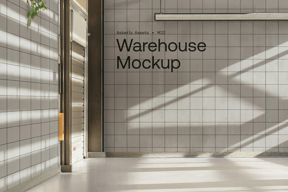 Warehouse interior mockup with tiled walls and large window, showcasing industrial design. Ideal for graphic designers and template creators.