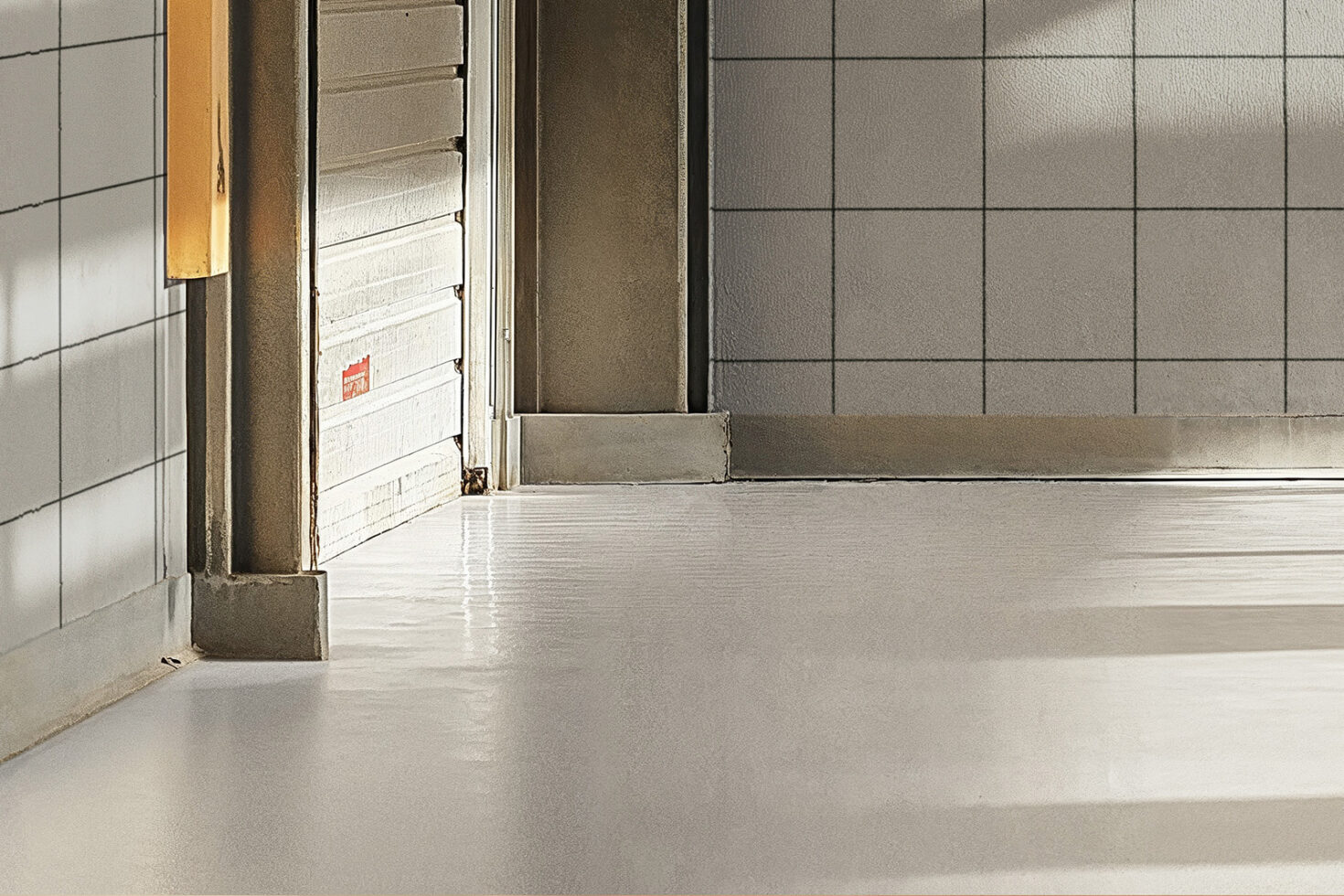 Industrial interior with concrete floor, tiled walls, and metallic accents. Ideal for mockups or design templates. Urban, minimalist, atmospheric.