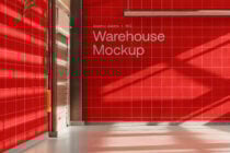 Warehouse mockup featuring red tiled walls with sunlight and shadows. Ideal for designers creating realistic industrial scenes. Mockups graphics SEO.