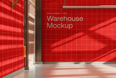 Warehouse mockup featuring red tiled walls with sunlight and shadows. Ideal for designers creating realistic industrial scenes. Mockups graphics SEO.