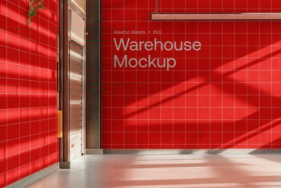 Warehouse mockup featuring red tiled walls with sunlight and shadows. Ideal for designers creating realistic industrial scenes. Mockups graphics SEO.