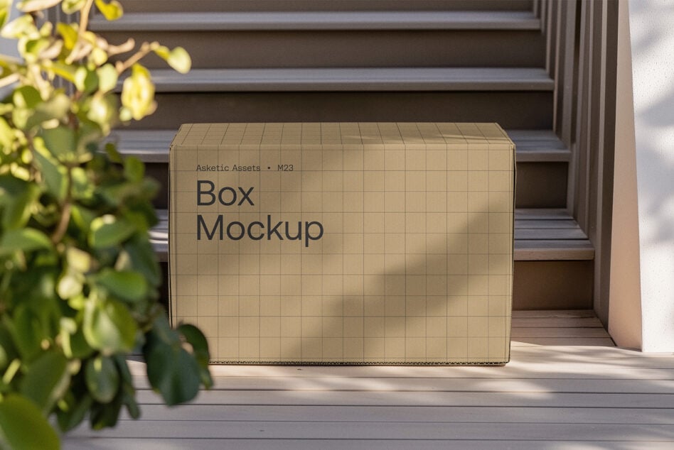 Beige cardboard box mockup with grid pattern on wooden steps next to green foliage