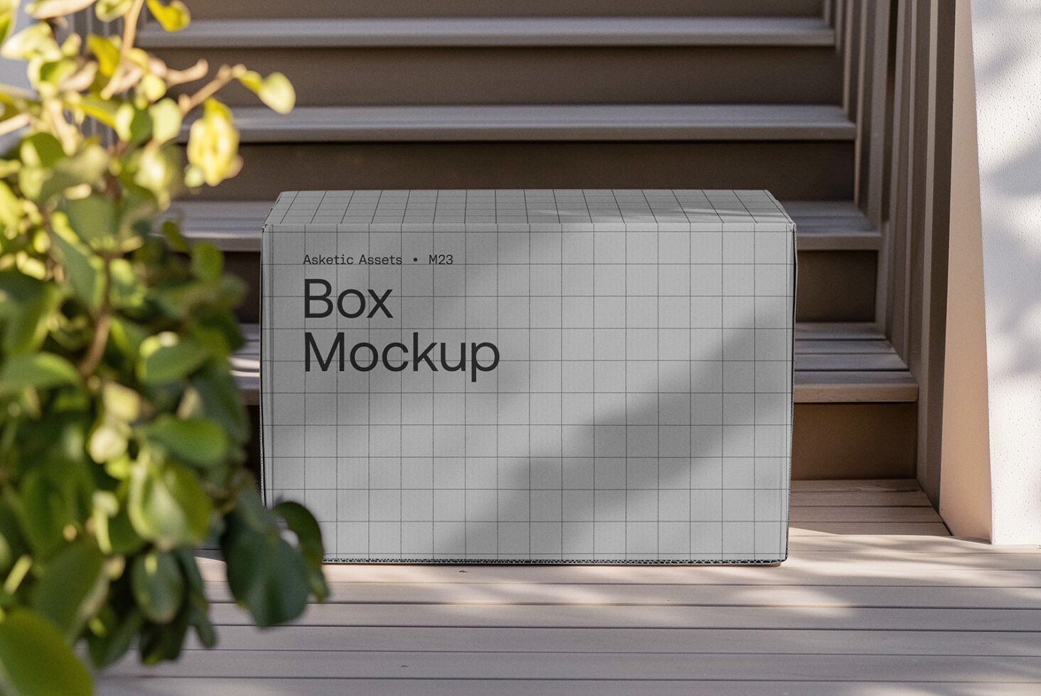 Box mockup on steps with grid pattern in sunlight. Ideal for packaging design presentations. Keywords: mockup, box, packaging, design, template.