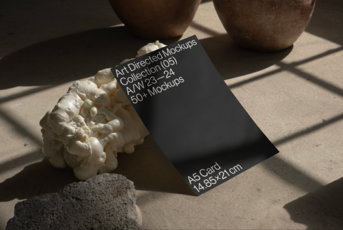 A5 card mockup displayed on textured surface with shadows for designers AW 23-24 collection 50 plus mockups art directed templates graphics.