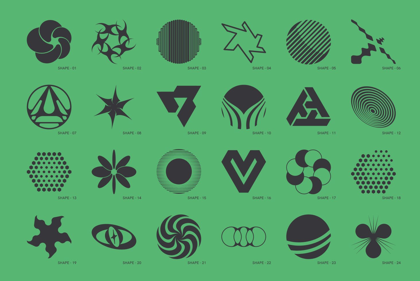Collection of 24 abstract logo shapes on a green background for creative design projects. Keywords: logo, abstract, shapes, design, templates, graphics.