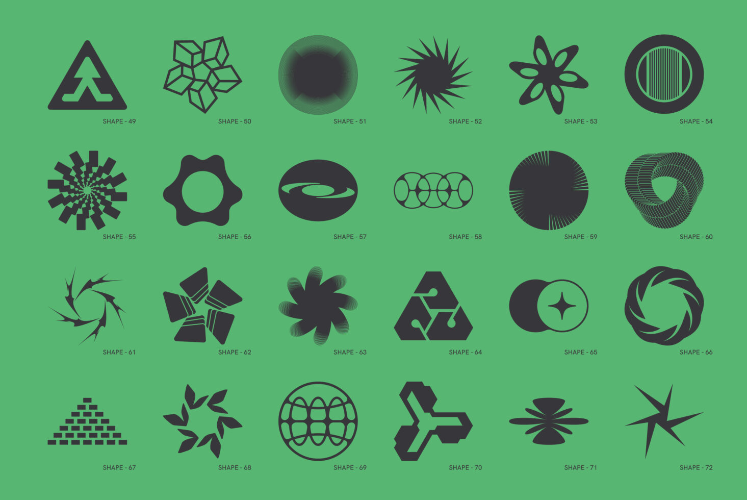 A grid of 25 abstract black geometric shapes on a green background. Perfect for designers, graphics, templates, and creative projects.