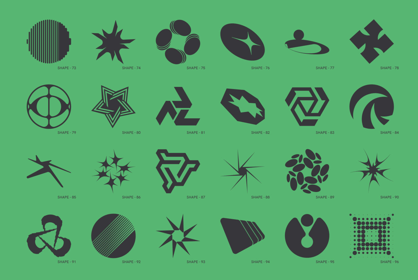 Vector shapes set featuring 24 abstract designs on green background. Ideal for graphic designers, templates, branding, icons. Creative digital asset.