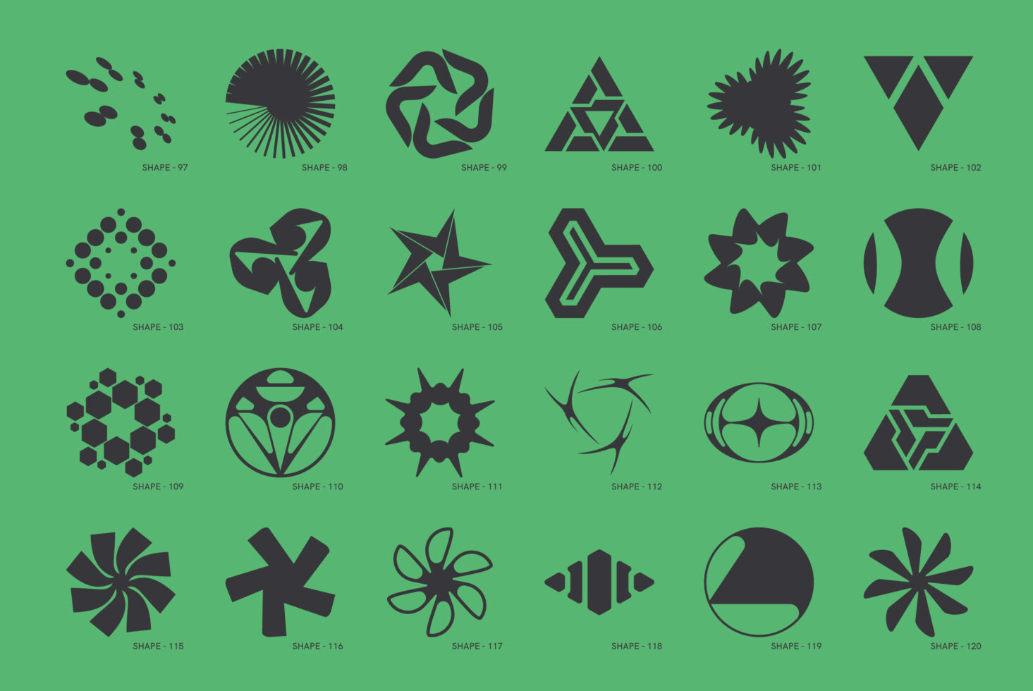 Twenty-four abstract geometric shapes set on a green background. Ideal for graphic design, templates, and creative projects. Vector illustrations.
