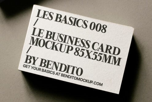 Business card mockup 85x55mm with minimal design by Bendito for designers, featuring clean layout on textured paper. Ideal for branding mockups.