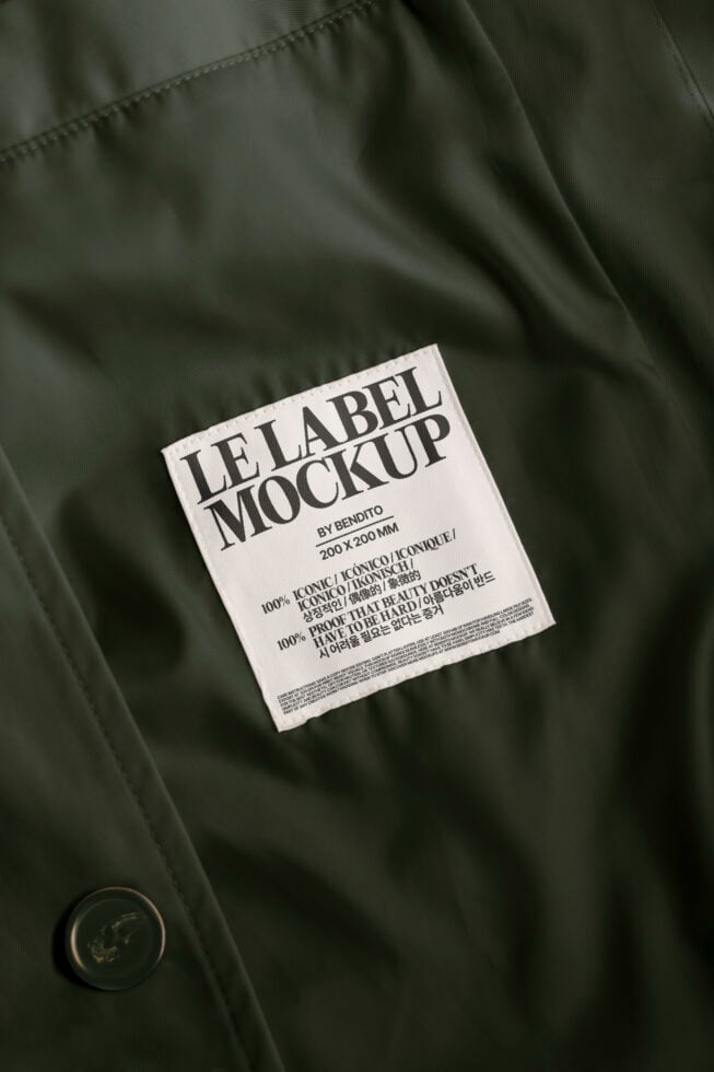 Mockup of a clothing label on green fabric displaying text and dimensions of 200 x 200 mm for designers keywords: mockup, label, fabric, design asset