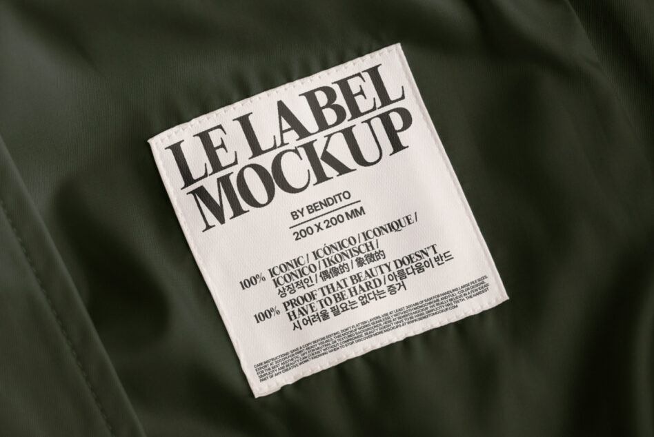 Olive green fabric with printed care label mockup displaying size specifications