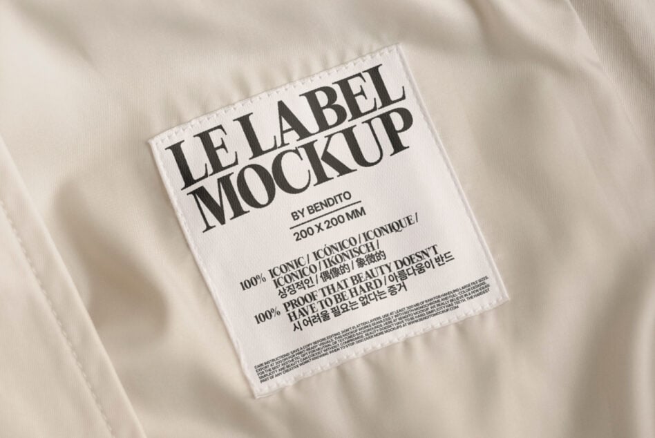 Cream fabric swatch with stitched care label featuring bold typography
