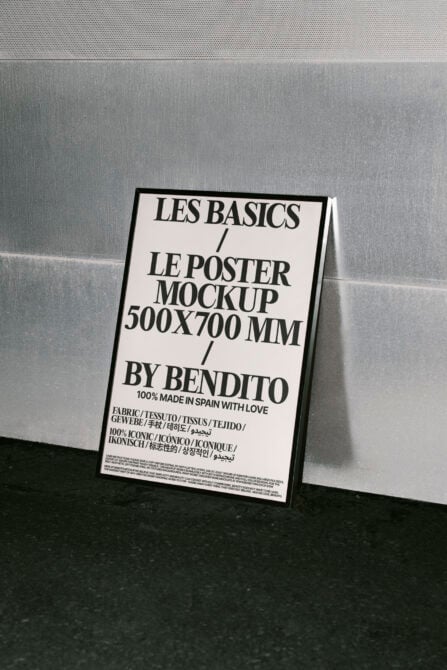 Poster mockup 500x700 mm with bold typography leaning against textured wall concrete floor photography for designers templates mockups.