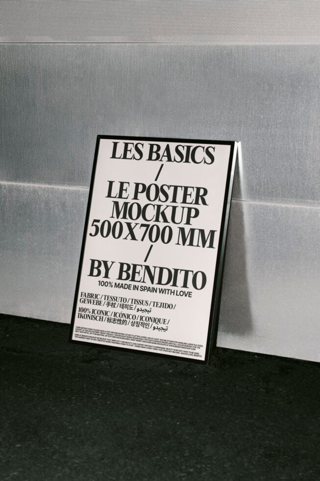 Poster mockup 500x700 mm with bold typography leaning against textured wall concrete floor photography for designers templates mockups.