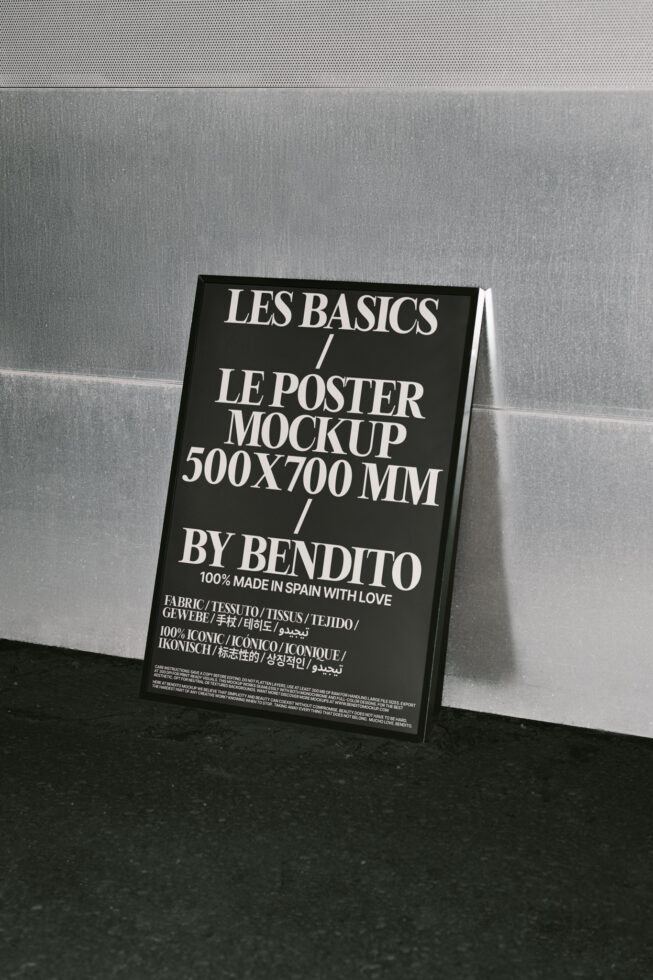 Framed poster mockup with sleek design displaying text in multiple languages. Perfect for designers seeking high-quality, customizable wall art templates.
