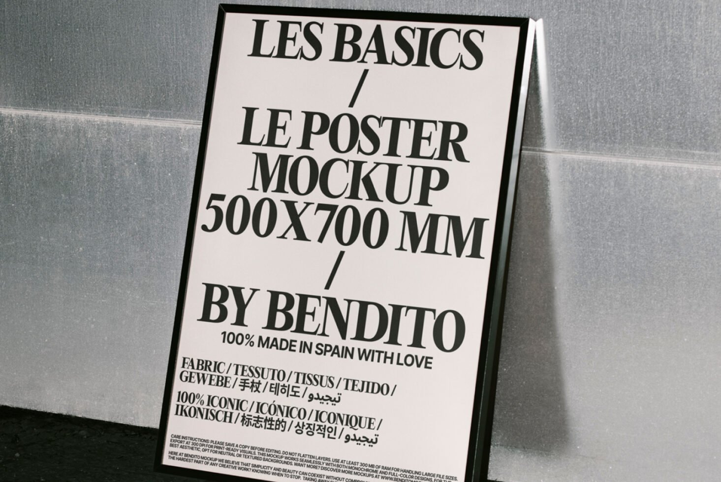 Poster mockup in black frame leaning against metallic wall. Text highlights size 500x700 mm. Ideal for graphic designers seeking minimalist templates.