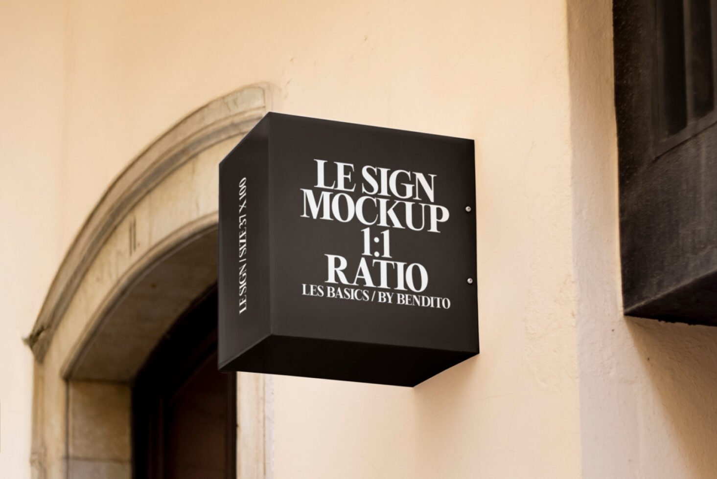 Wall-mounted black square sign mockup template with white text for designers. Ideal for realistic branding visuals. Perfect for graphic design projects.