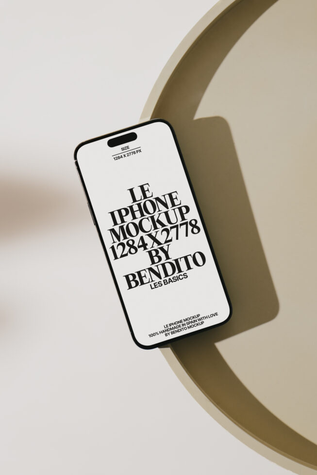 iPhone mockup on a beige surface showcasing sleek modern design at 1284x2778 pixels perfect for designers digital assets marketplace mockups templates