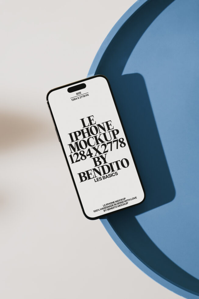 iPhone mockup on a blue surface featuring display size specifications in bold font ideal for designers creating presentations and digital assets.