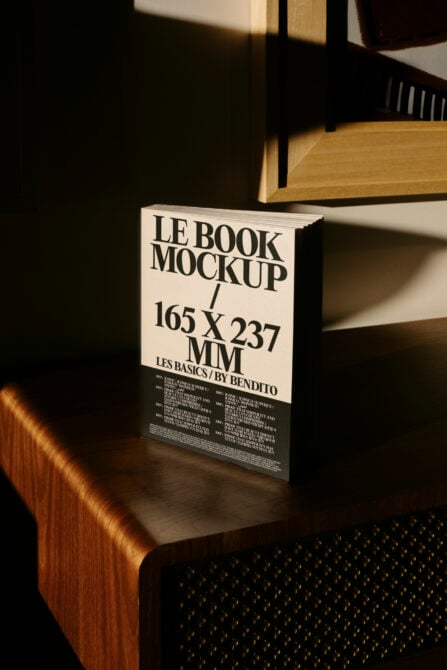 Open book mockup on desk with cream pages showing Les Basics branding
