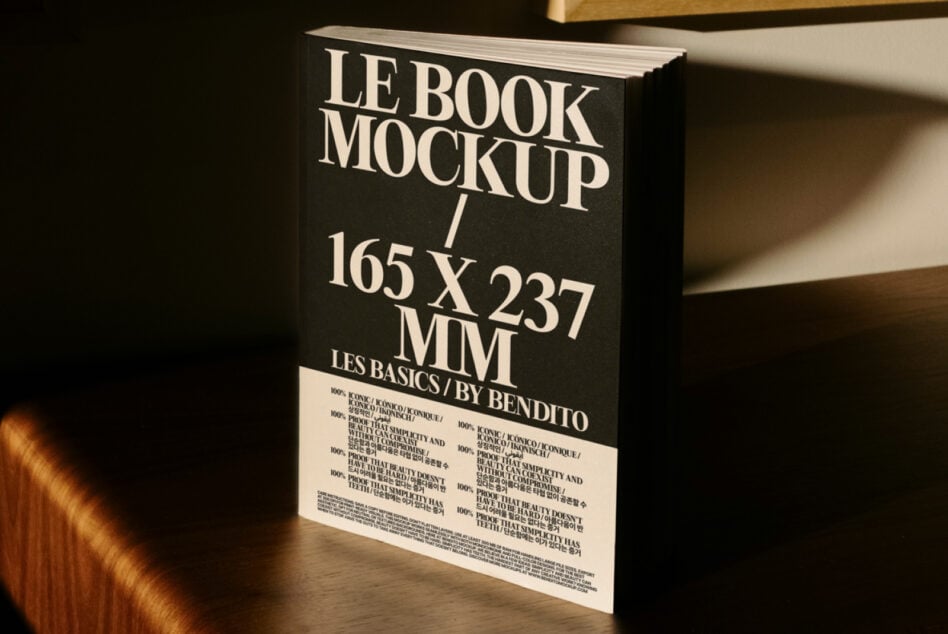 Black hardcover book mockup standing upright showing cream spine text detail