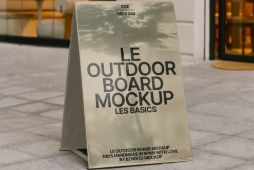 Outdoor board mockup standing on pavement foreground with text for design presentation. Keywords: outdoor mockup, board design, designer asset.