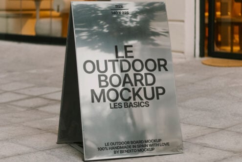 Outdoor board mockup in an urban setting for designers. Detailed A-frame display perfect for showcasing branding. Keywords: mockup, design, board