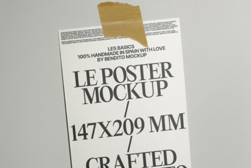 Minimalist poster mockup with tape on gray background; perfect for showcasing designs; ideal for graphic designers; high-resolution template