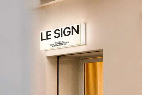 Illuminated wall sign mockup on soft beige wall above a window perfect for showcasing logo designs ideal for graphic designers looking for realistic templates