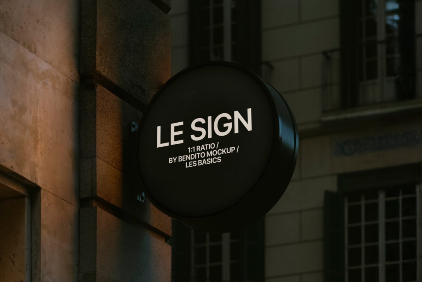 Circular wall sign mockup in urban setting displaying Le Sign ideal for branding design projects and digital presentations for graphic designers.