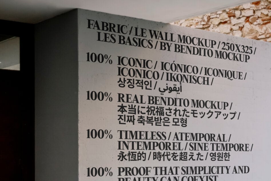 Concrete wall with multilingual text describing fabric mockup features in various languages