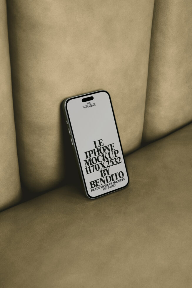 iPhone mockup at 1170x2532px by Bendito on a leather background showcasing ready-to-wear designs for designers digital assets SEO keywords marketplace