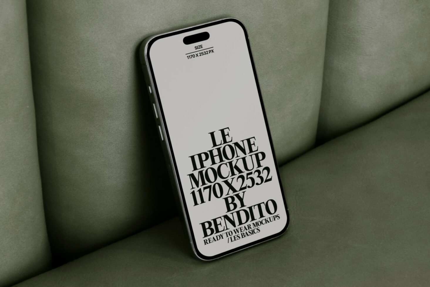 iPhone mockup with 1170x2532px dimensions on a green sofa. Ideal for design presentations. Mockups for designers seeking quality templates.