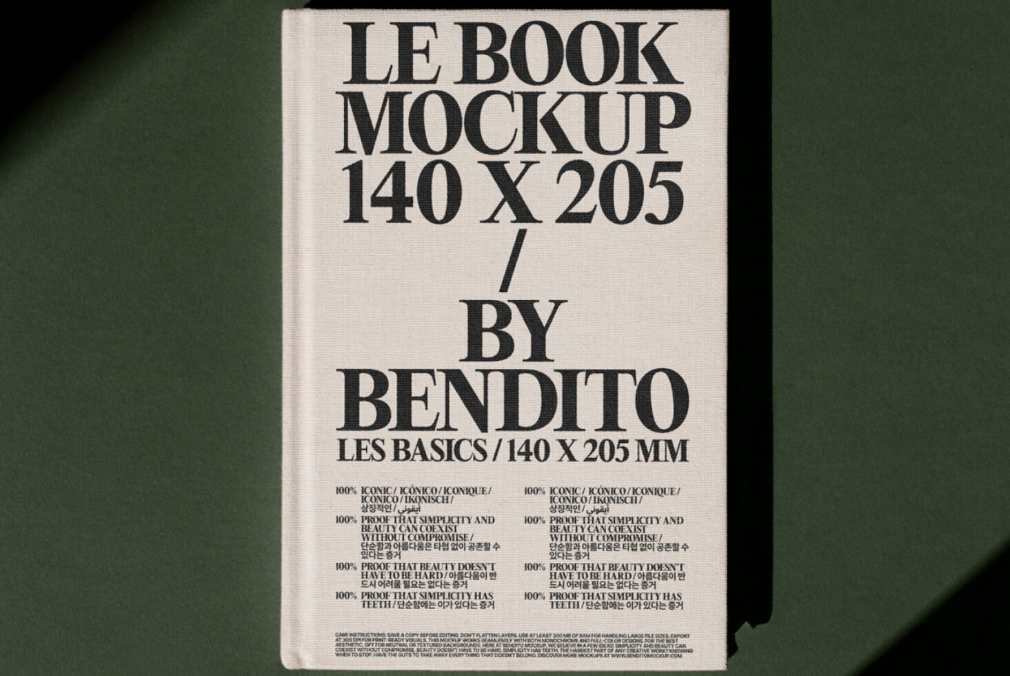 Book mockup template featuring a minimalist design with bold black text on an off-white cover, perfect for showcasing typography and layouts.