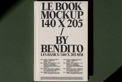 Book mockup template featuring a minimalist design with bold black text on an off-white cover, perfect for showcasing typography and layouts.