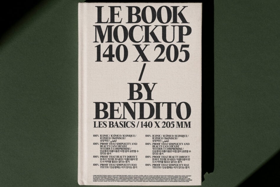 Off white hardcover book mockup displaying serif type on soft green backdrop with shadows